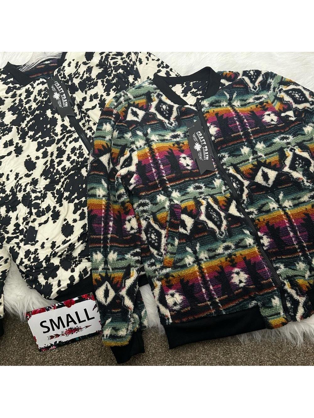 Crazy Train Small Reversible Fleece Jacket Aztec & Cow Print
